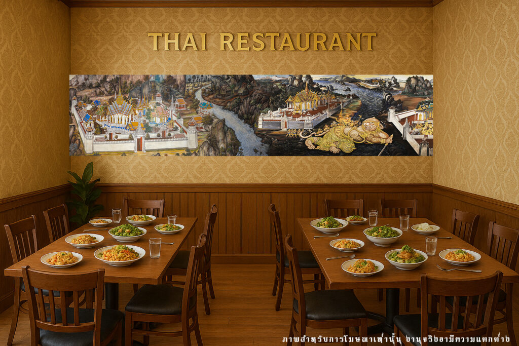 วอลเปเปอร์ภาพพิมพ์ รามเกียรติ์ แต่งร้านอาหารไทย